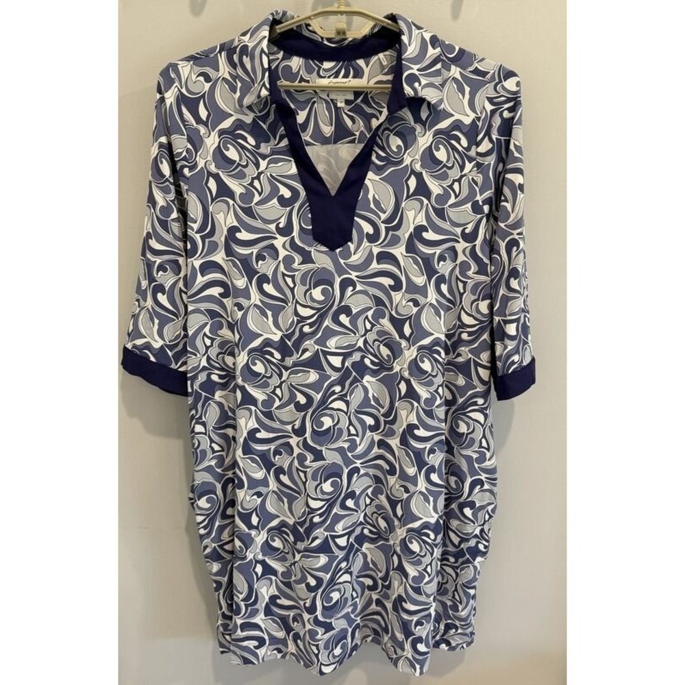 Foxcroft NYC Easy Care Blue Gray Notch Collar Dress Size 2X Elbow Sleeve